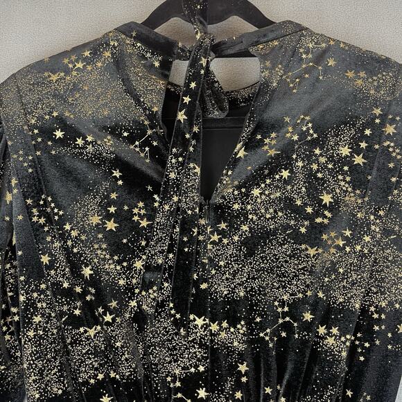 All Saints Jemima Star Dress Black Velvet Metallic Gold Printed Faux Wrap Size 4 - Picture 11 of 16